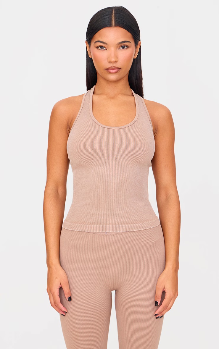 Chocolate Mocha Acid Wash Seamless Rib Halter Neck Gym Top 1 Chocolate Mocha Acid Wash Seamless Rib Halter Neck Gym Top