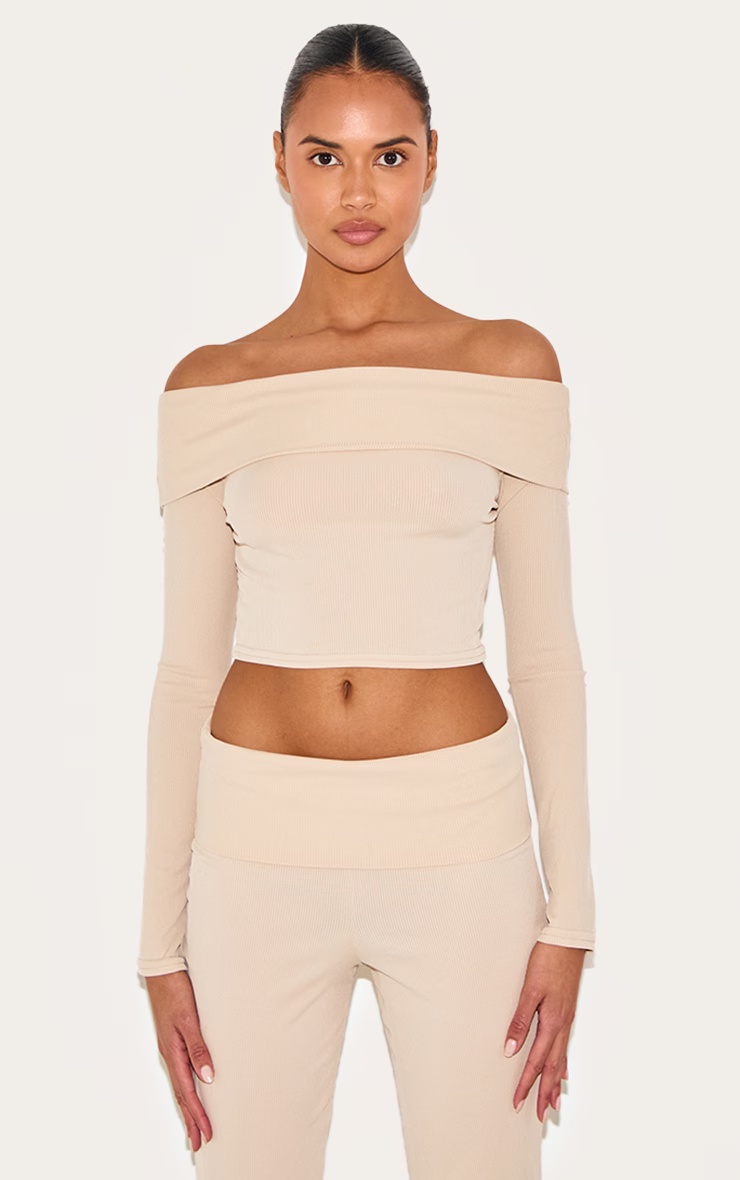 Beige Rib Bardot Foldover Flute Sleeve Longline Top 4 Beige Rib Bardot Foldover Flute Sleeve Longline Top