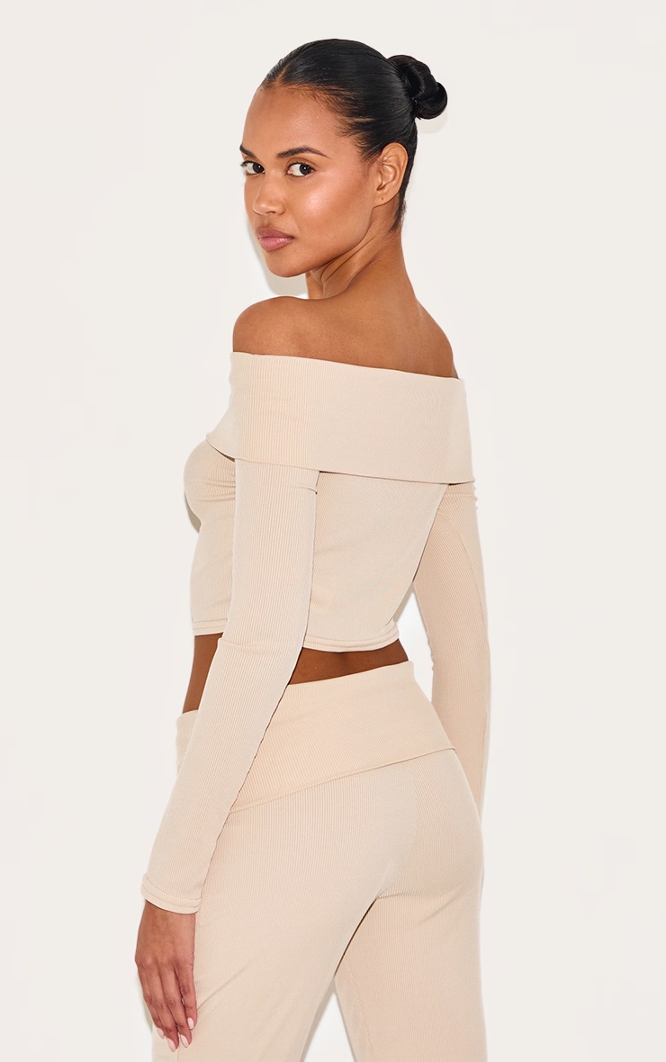 Beige Rib Bardot Foldover Flute Sleeve Longline Top 5 Beige Rib Bardot Foldover Flute Sleeve Longline Top