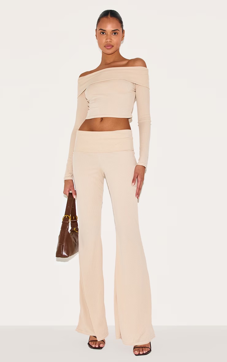 Beige Rib Bardot Foldover Flute Sleeve Longline Top 6 Beige Rib Bardot Foldover Flute Sleeve Longline Top