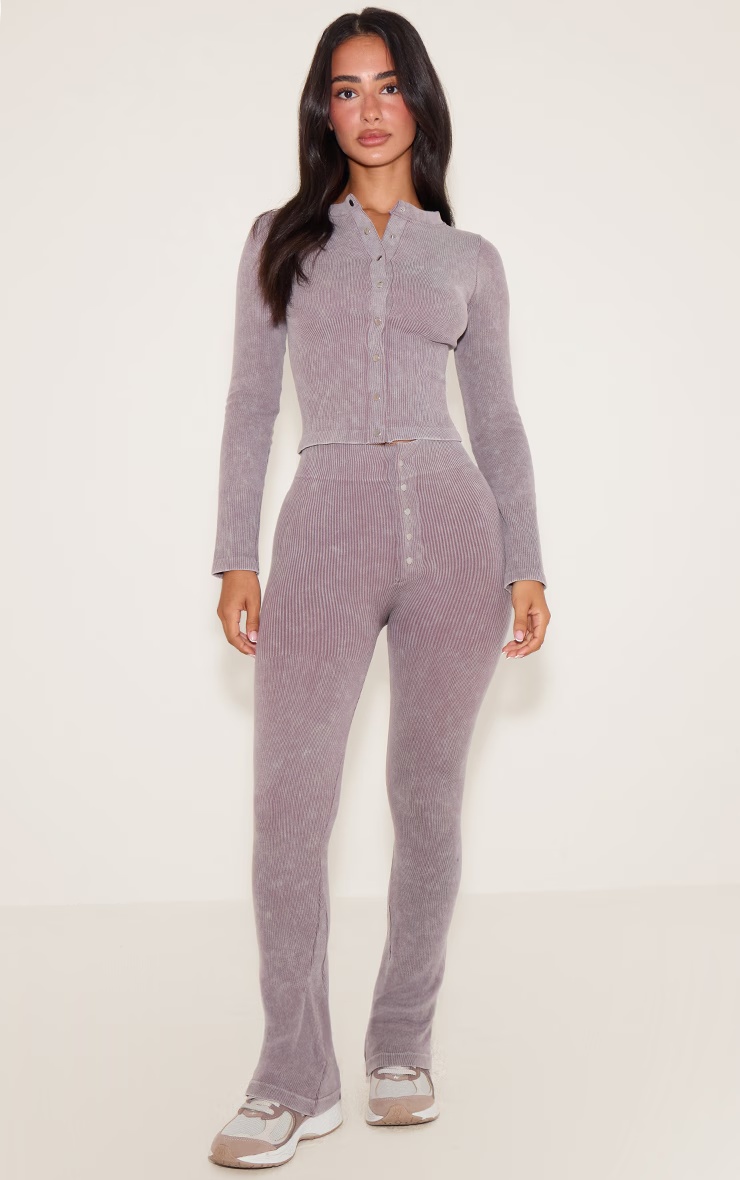 Petite Taupe Faded Contour Rib Button Detail Flared Leggings