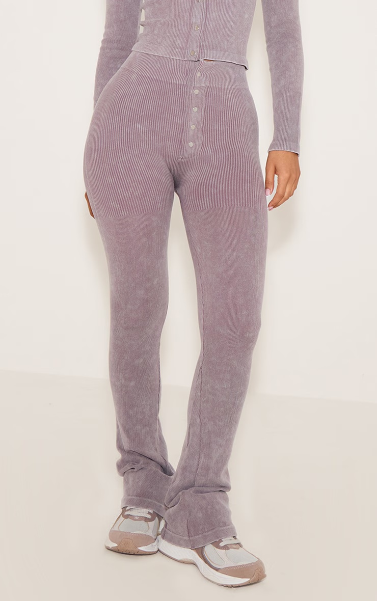 Petite Taupe Faded Contour Rib Button Detail Flared Leggings 2 Petite Taupe Faded Contour Rib Button Detail Flared Leggings