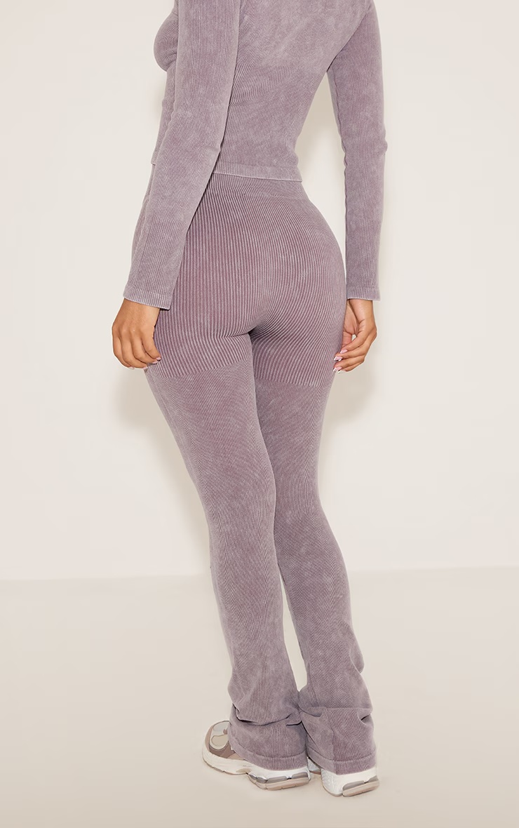 Petite Taupe Faded Contour Rib Button Detail Flared Leggings 3 Petite Taupe Faded Contour Rib Button Detail Flared Leggings