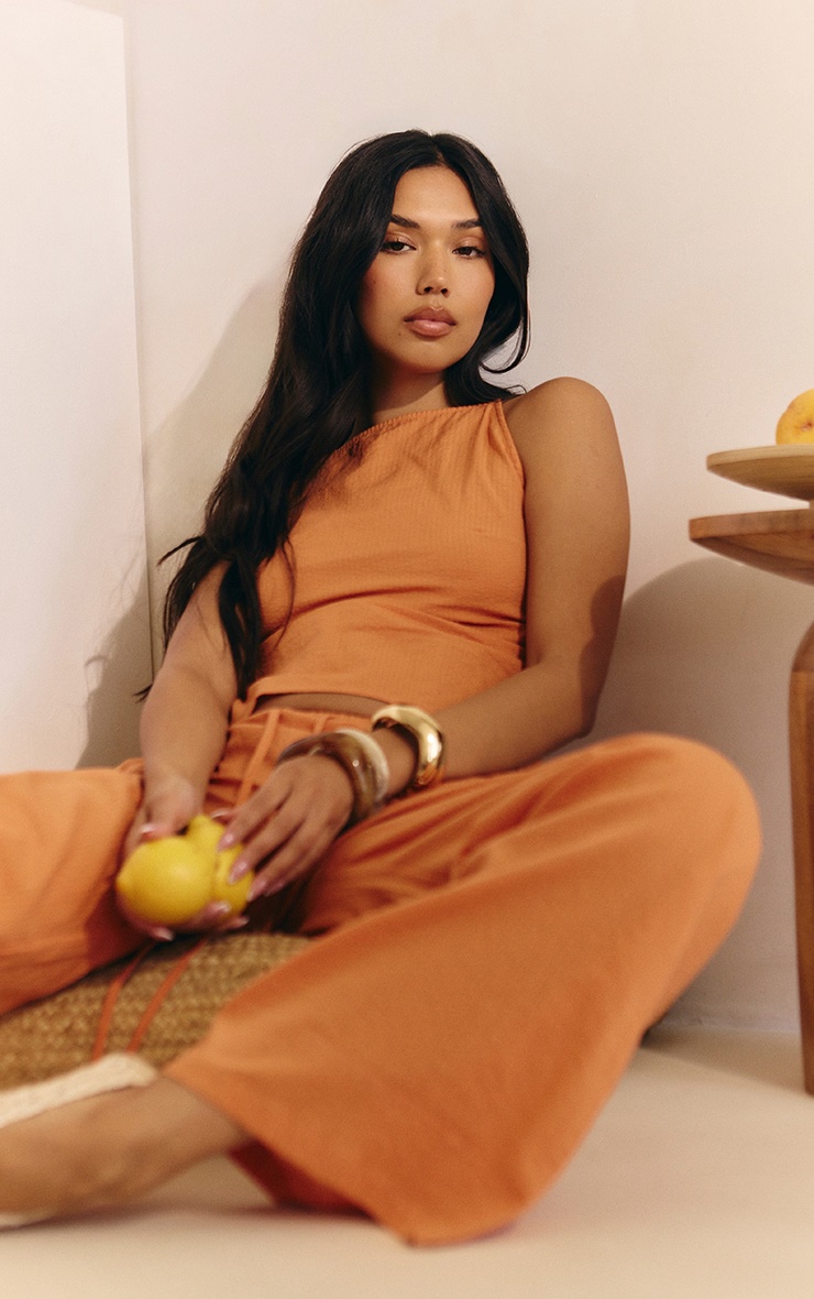 Burnt Orange Textured Drawstring Straight Leg Trousers 1 Burnt Orange Textured Drawstring Straight Leg Trousers