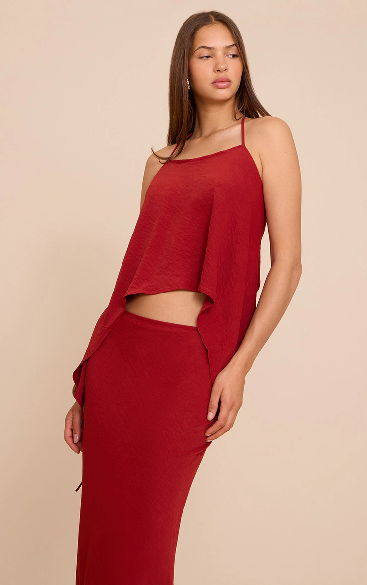 Deep Red Floaty Woven Split Hem Spaghetti Strap Top 4 Deep Red Floaty Woven Split Hem Spaghetti Strap Top
