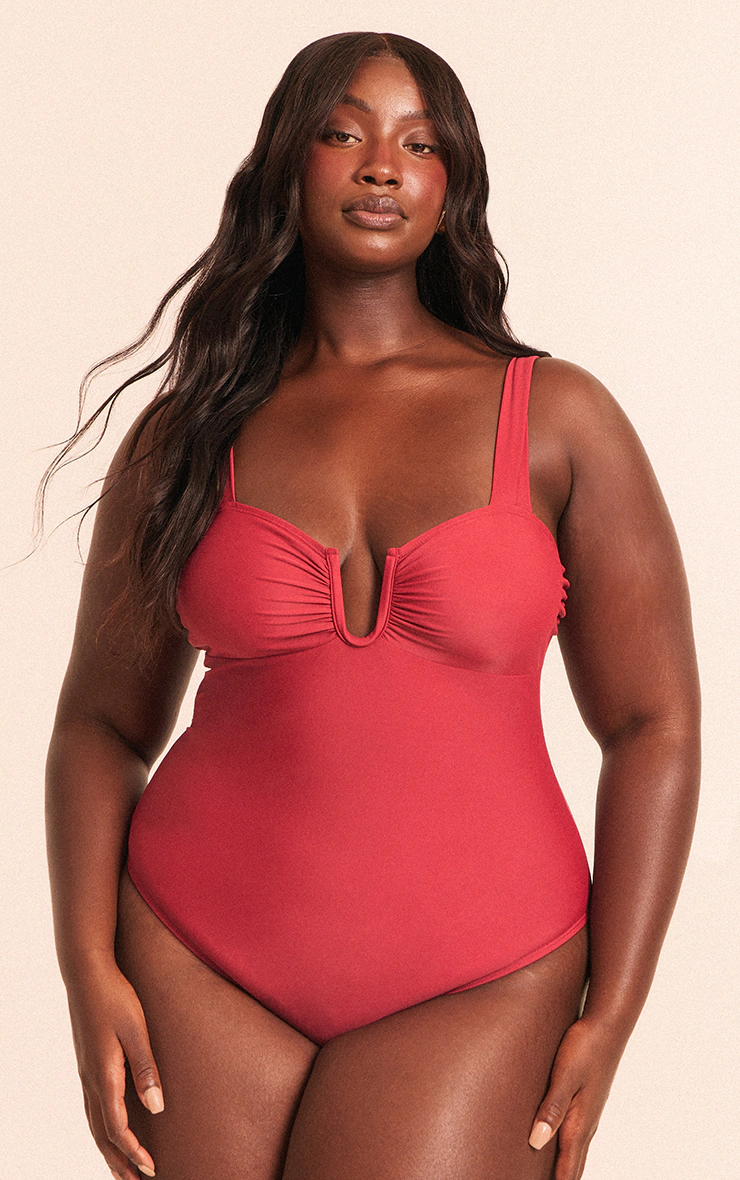 Plus Deep Red Underwired U Bar Ruched Cup Swimsuit 4 Plus Deep Red Underwired U Bar Ruched Cup Swimsuit