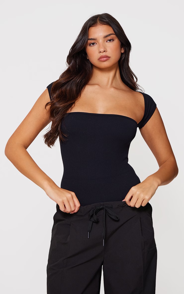 Black Contour Rib Cut Out Short Sleeve Bodysuit