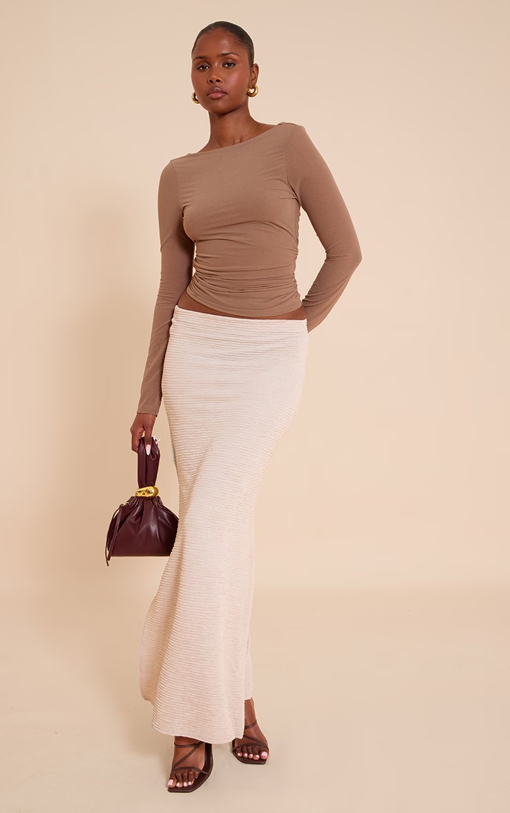 Beige Textured Jersey Mid Rise Maxi Skirt 1 Beige Textured Jersey Mid Rise Maxi Skirt