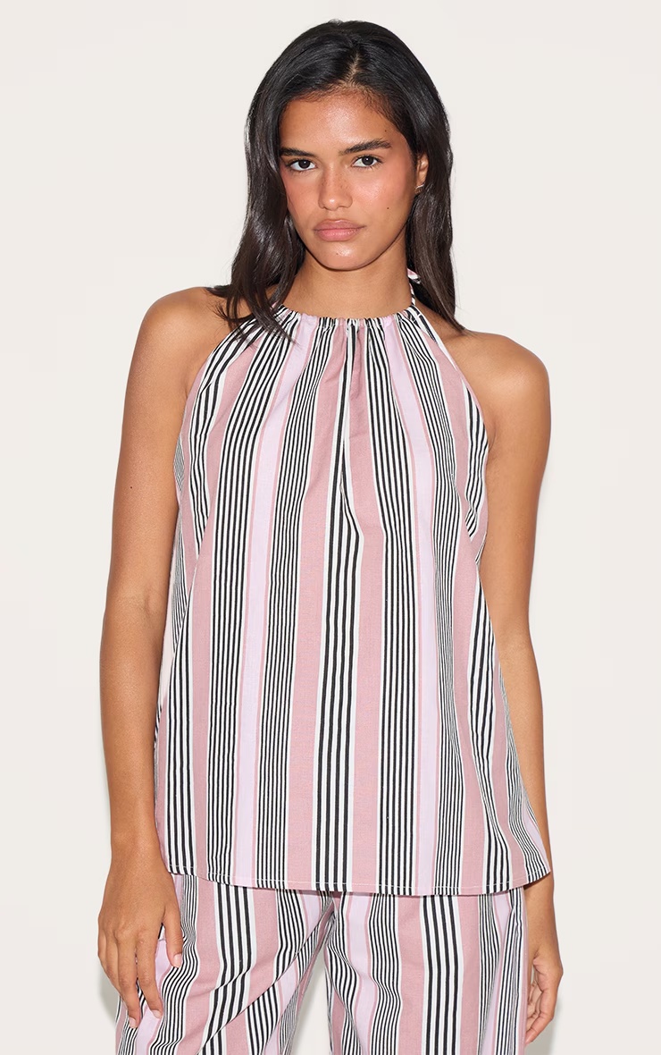 Pink Linen Look Striped Halterneck Top 4 Pink Linen Look Striped Halterneck Top