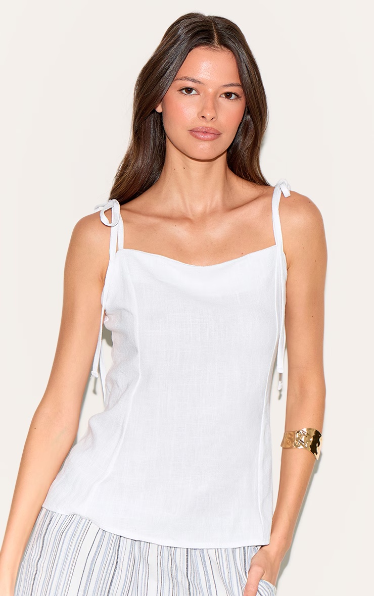 White Linen Look Tie Strap Cami Top 4 White Linen Look Tie Strap Cami Top