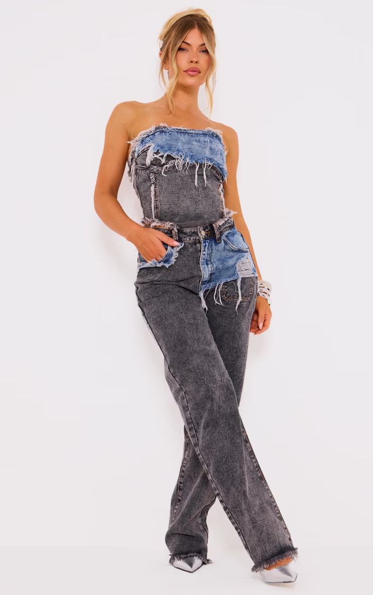 Blue Grey Layered Raw Hem Bandeau Denim Top 6 Blue Grey Layered Raw Hem Bandeau Denim Top