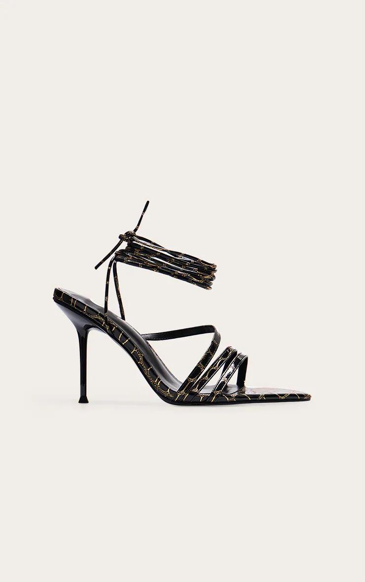 Black Contrast Croc Pu Point Toe Lace Up Heeled Sandals