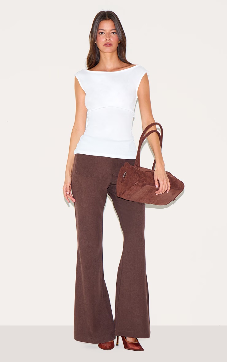 Cream Textured Rib Bardot Long Top 3 Cream Textured Rib Bardot Long Top
