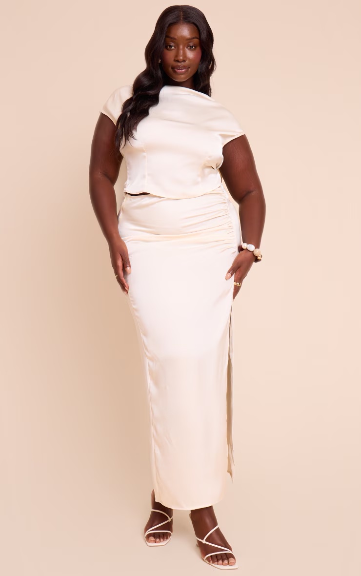 Plus Cream Ruched Satin Split Detail Maxi Skirt 1 Plus Cream Ruched Satin Split Detail Maxi Skirt