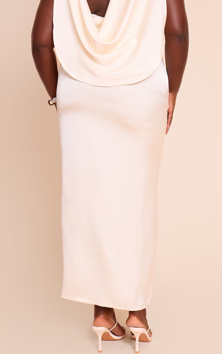 Plus Cream Ruched Satin Split Detail Maxi Skirt 3 Plus Cream Ruched Satin Split Detail Maxi Skirt