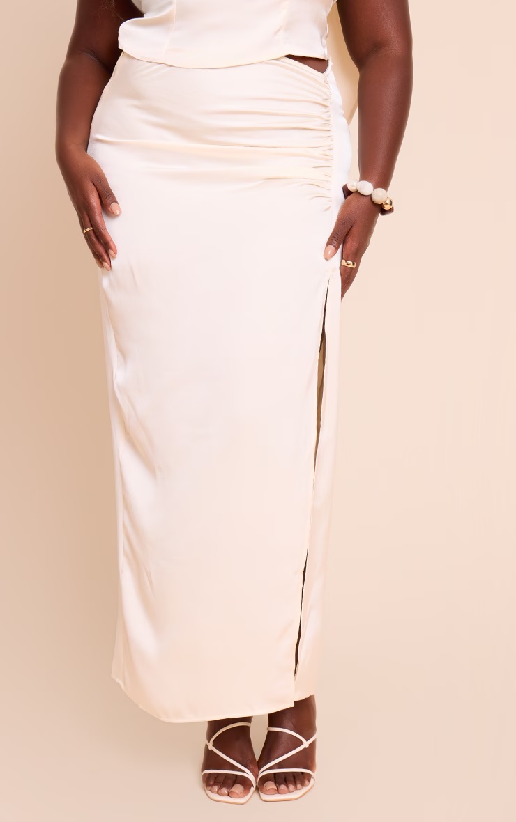 Plus Cream Ruched Satin Split Detail Maxi Skirt 5 Plus Cream Ruched Satin Split Detail Maxi Skirt