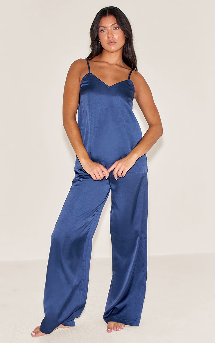 Navy Satin Cami And Trouser Pj Set 3 Navy Satin Cami And Trouser Pj Set