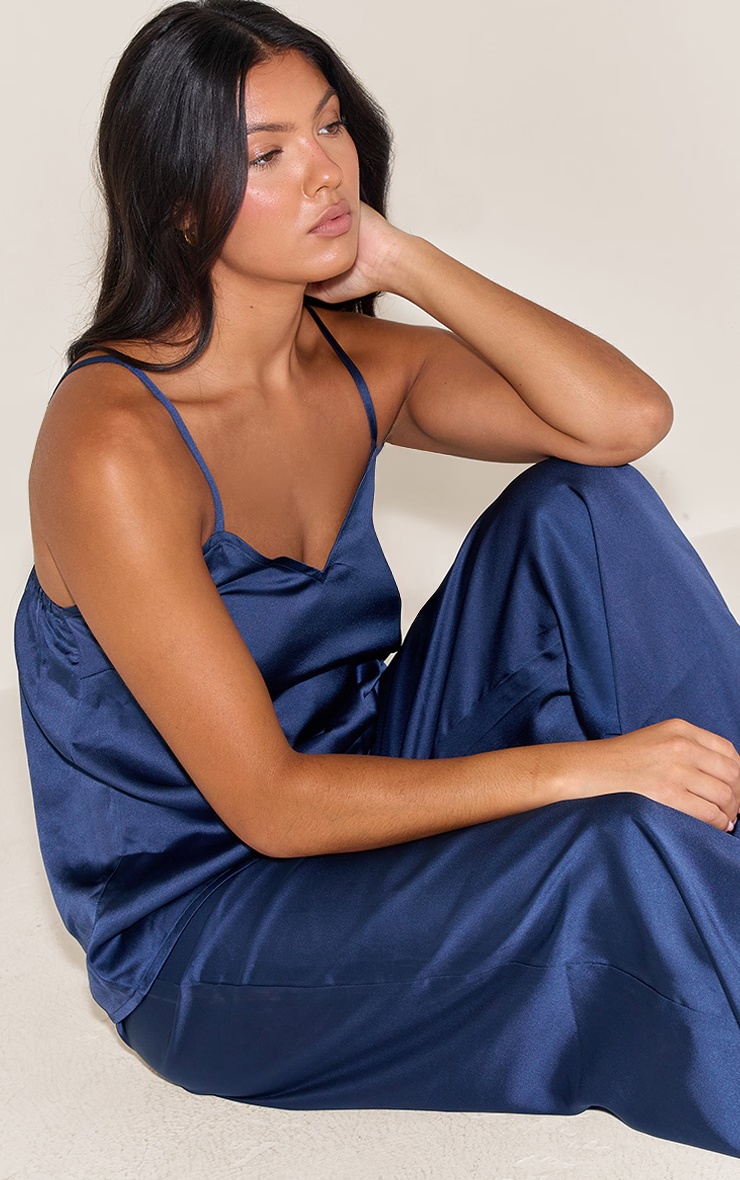 Navy Satin Cami And Trouser Pj Set 4 Navy Satin Cami And Trouser Pj Set