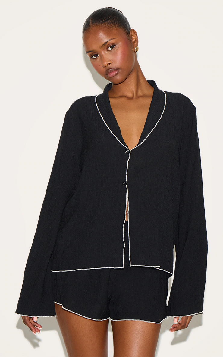Black Linen Look Textured Contrast Trim Floaty Shorts 4 Black Linen Look Textured Contrast Trim Floaty Shorts