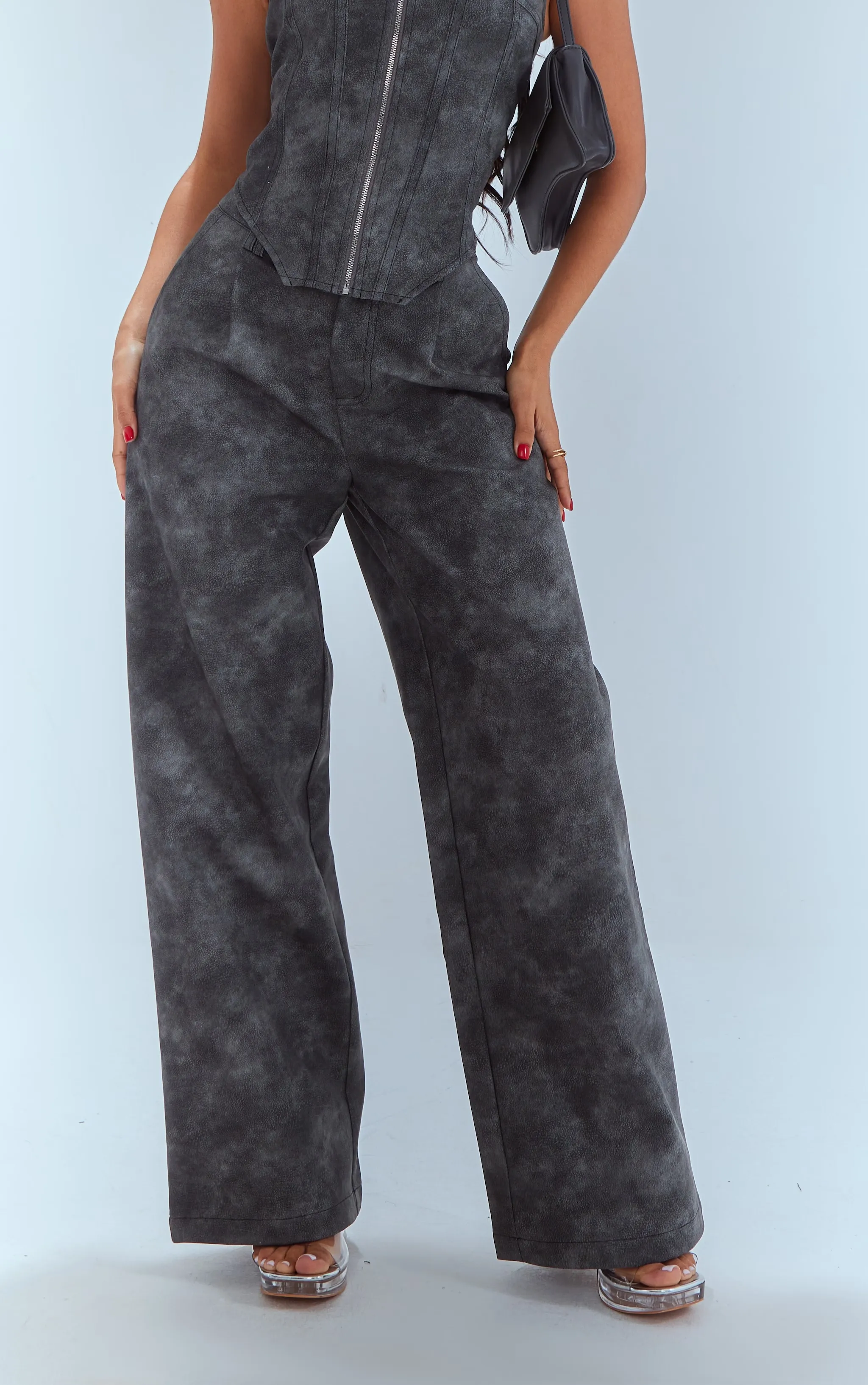 Petite Washed Grey Faux Leather Straight Leg Trousers 2 Petite Washed Grey Faux Leather Straight Leg Trousers
