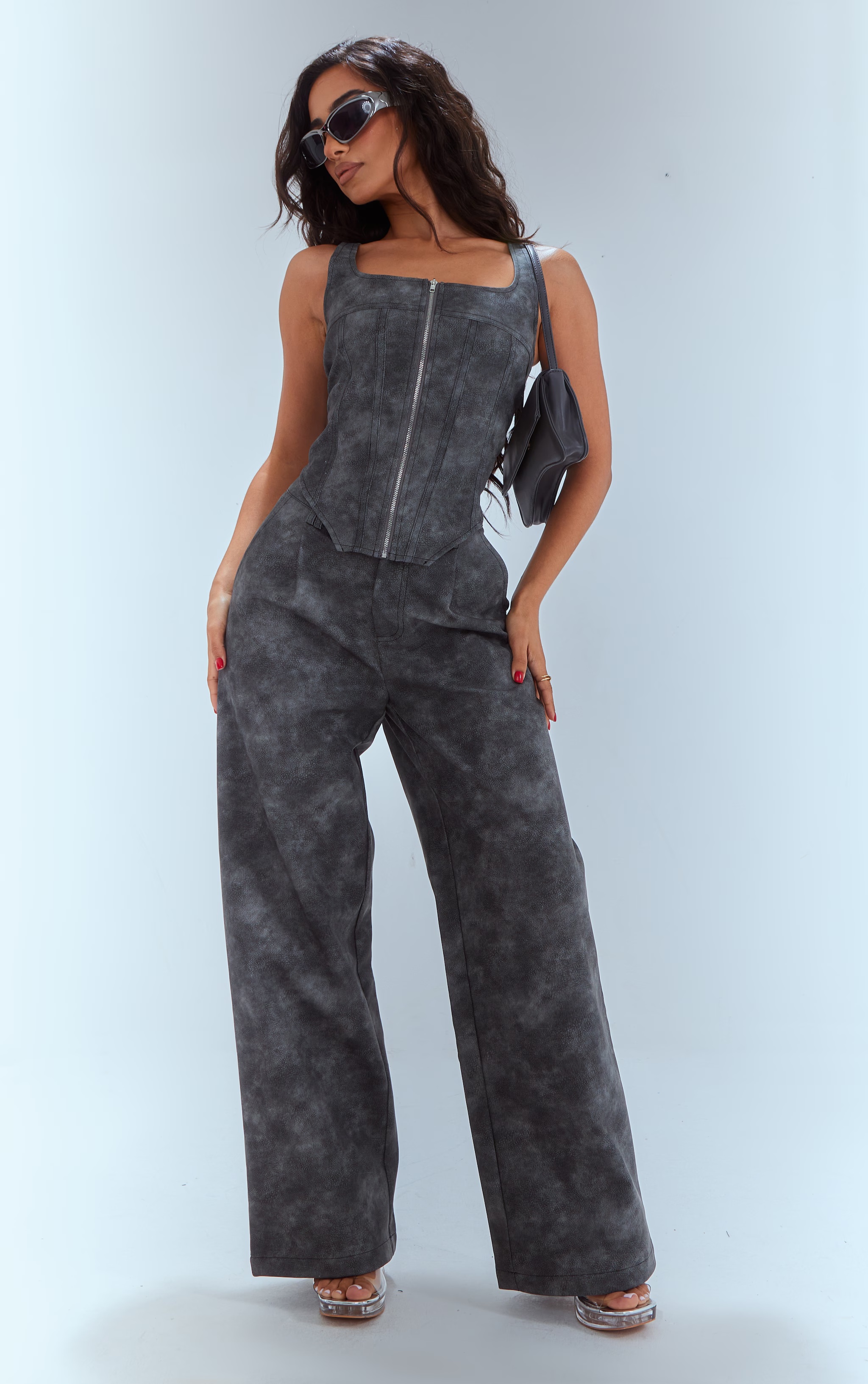 Petite Washed Grey Faux Leather Straight Leg Trousers 4 Petite Washed Grey Faux Leather Straight Leg Trousers