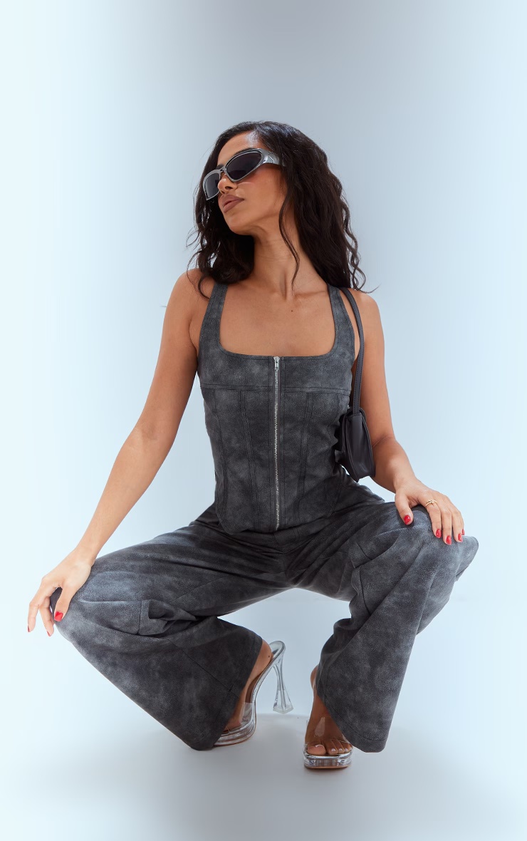 Petite Washed Grey Faux Leather Straight Leg Trousers 6 Petite Washed Grey Faux Leather Straight Leg Trousers