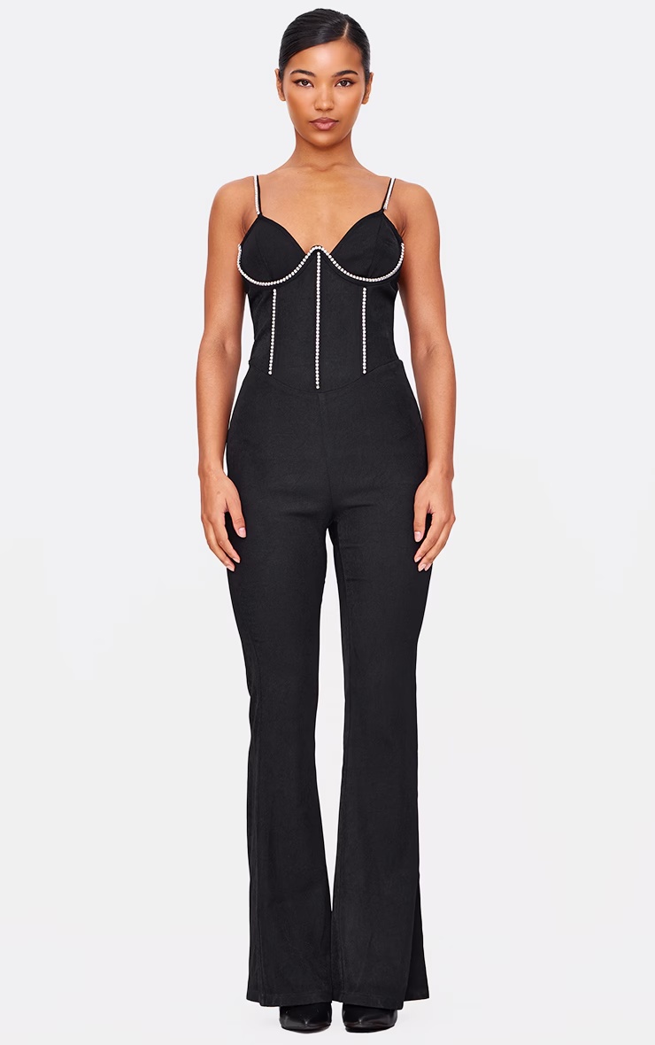 Black Diamante Corset Detail Flared Strappy Jumpsuit