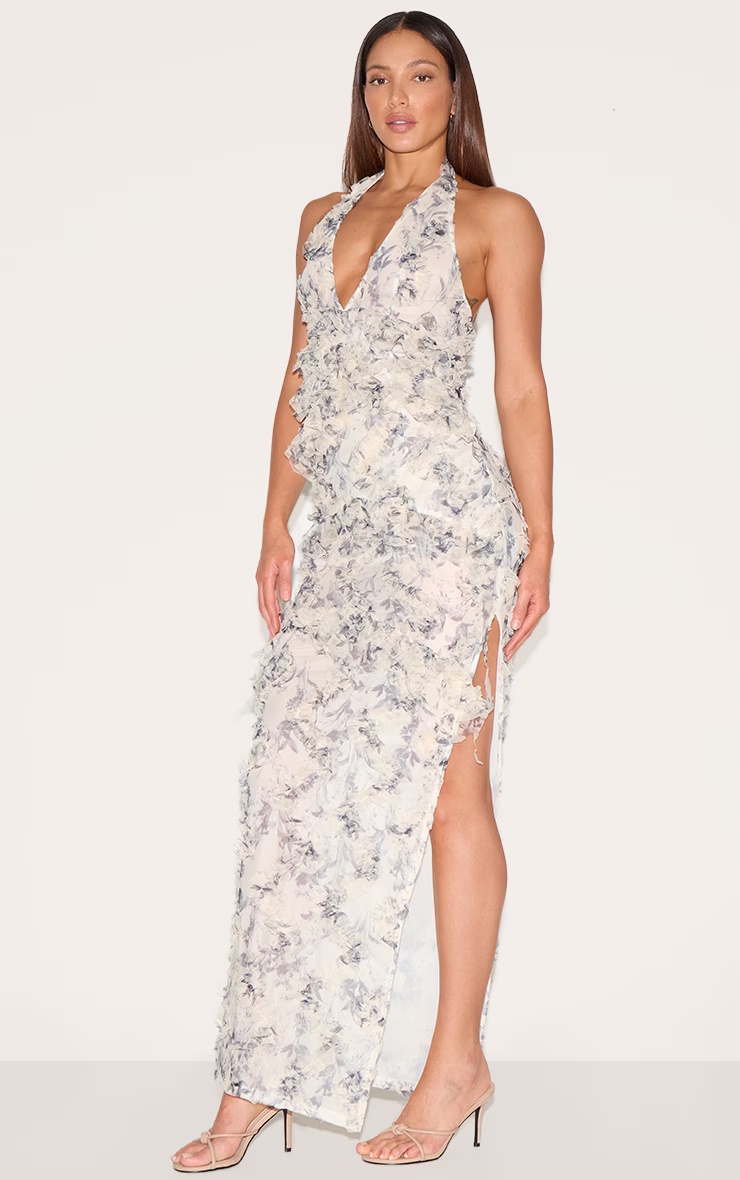 Tall Multi Chiffon Floral Print Halterneck Midaxi Dress 6 Tall Multi Chiffon Floral Print Halterneck Midaxi Dress