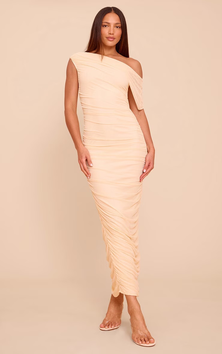 Tall Almond Mesh Overlay One Shoulder Ruched Maxi Dress 1 Tall Almond Mesh Overlay One Shoulder Ruched Maxi Dress