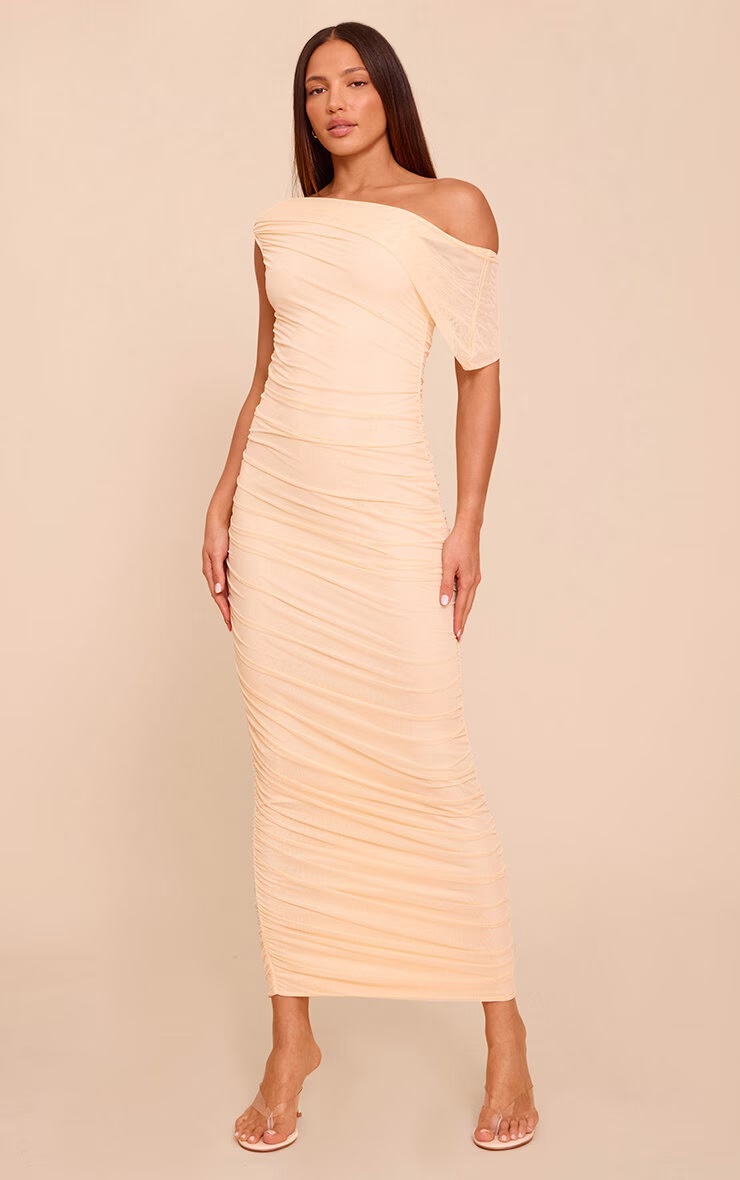 Tall Almond Mesh Overlay One Shoulder Ruched Maxi Dress 3 Tall Almond Mesh Overlay One Shoulder Ruched Maxi Dress