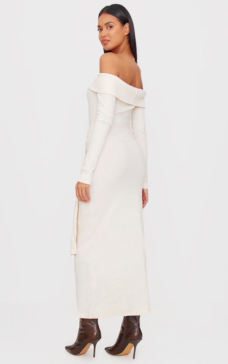 Cream Heavy Brushed Rib Bardot Wrap Detail Maxi Dress 2 Cream Heavy Brushed Rib Bardot Wrap Detail Maxi Dress