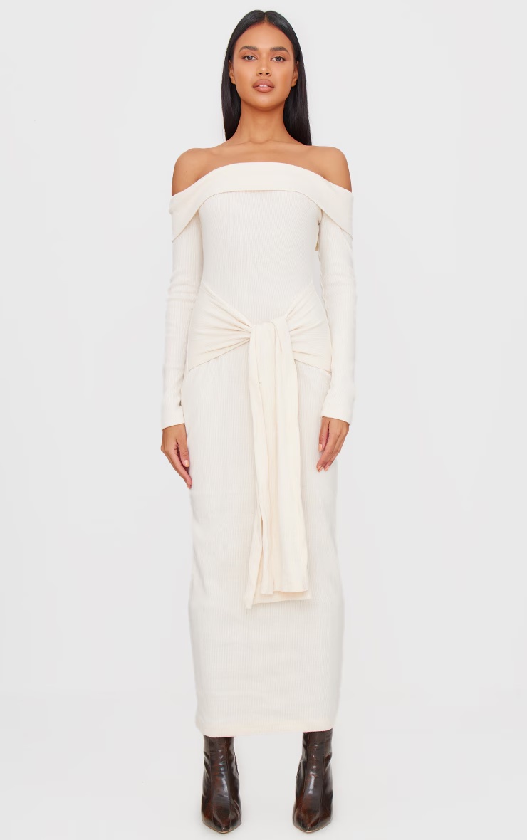 Cream Heavy Brushed Rib Bardot Wrap Detail Maxi Dress 4 Cream Heavy Brushed Rib Bardot Wrap Detail Maxi Dress