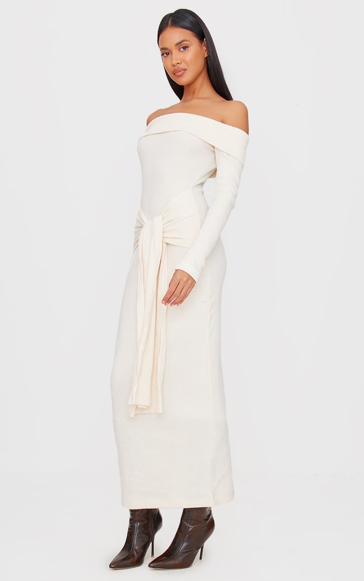 Cream Heavy Brushed Rib Bardot Wrap Detail Maxi Dress 6 Cream Heavy Brushed Rib Bardot Wrap Detail Maxi Dress