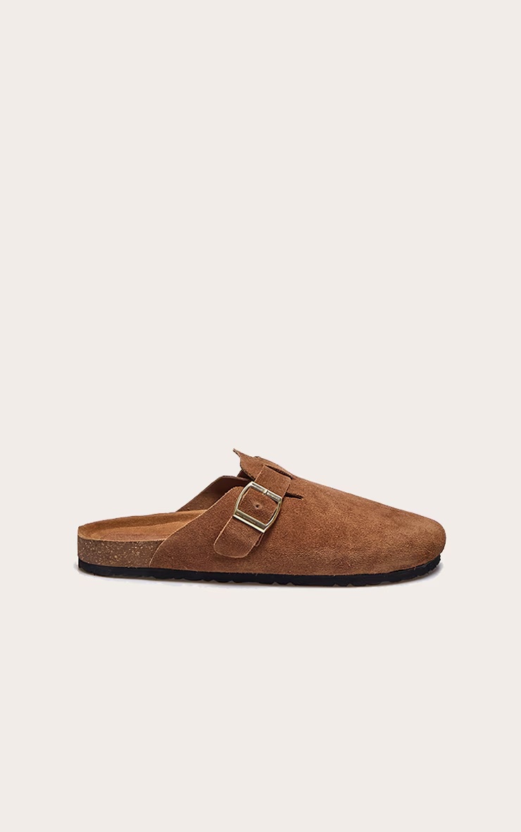Tan Real Suede Leather Round Toe Buckle Slip On Clog 4 Tan Real Suede Leather Round Toe Buckle Slip On Clog