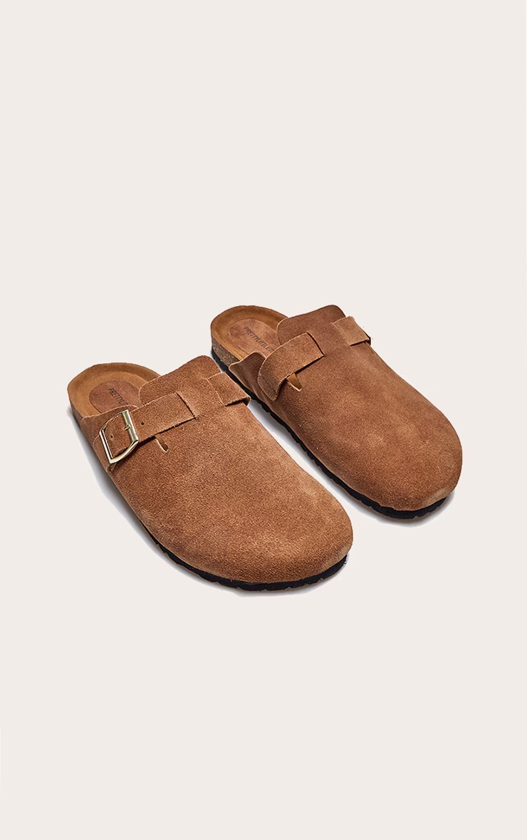 Tan Real Suede Leather Round Toe Buckle Slip On Clog 5 Tan Real Suede Leather Round Toe Buckle Slip On Clog
