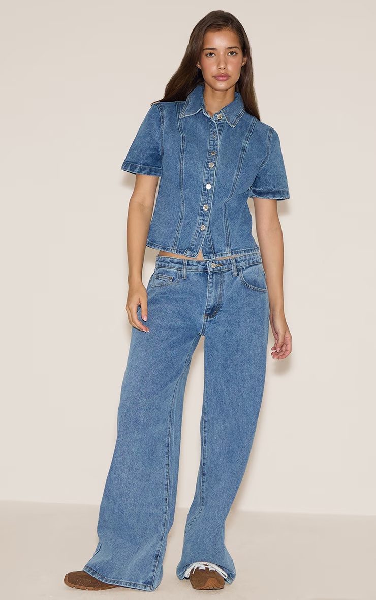 Mid Blue Wash Short Sleeve Fitted Denim Shirt 3 Mid Blue Wash Short Sleeve Fitted Denim Shirt