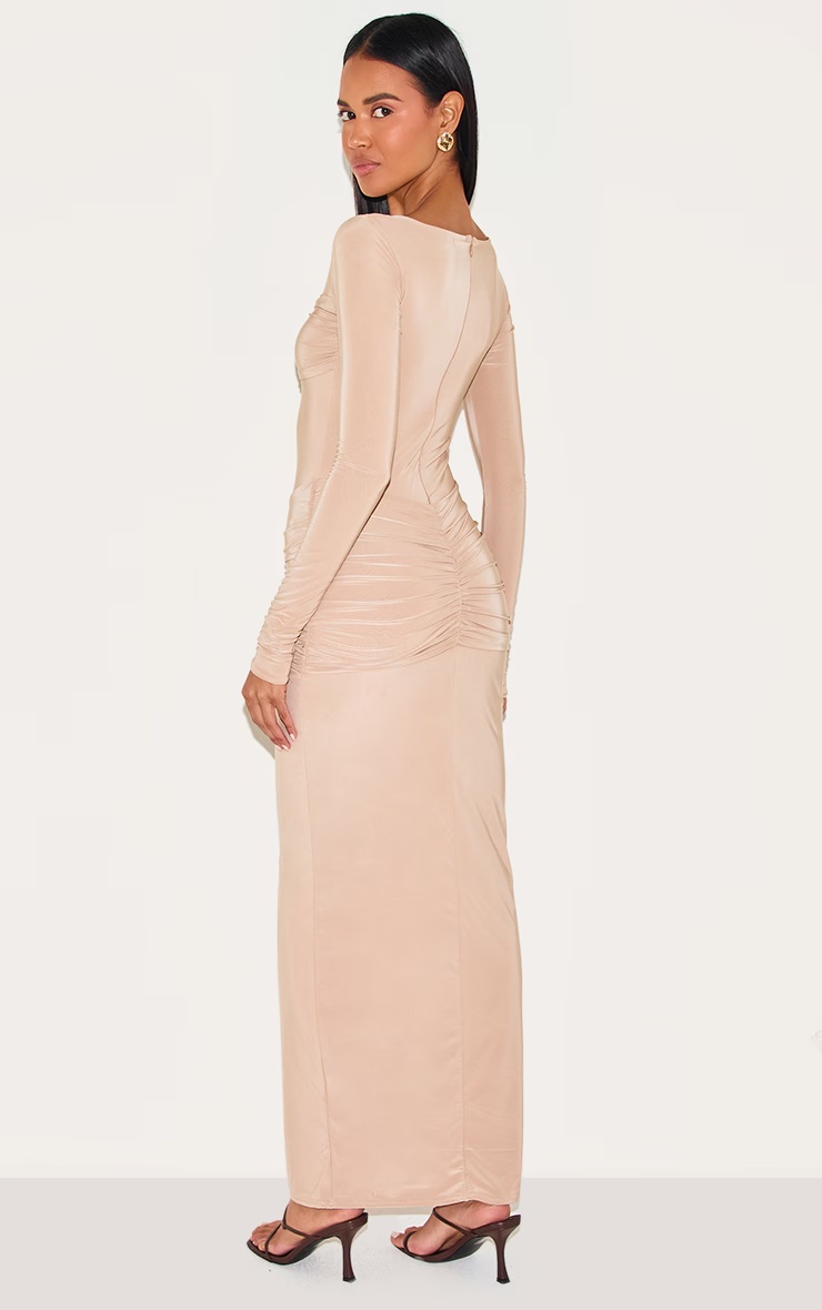 Beige Sinky Ruched Panel Detail Maxi Dress 2 Beige Sinky Ruched Panel Detail Maxi Dress