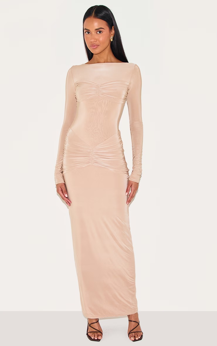 Beige Sinky Ruched Panel Detail Maxi Dress 4 Beige Sinky Ruched Panel Detail Maxi Dress