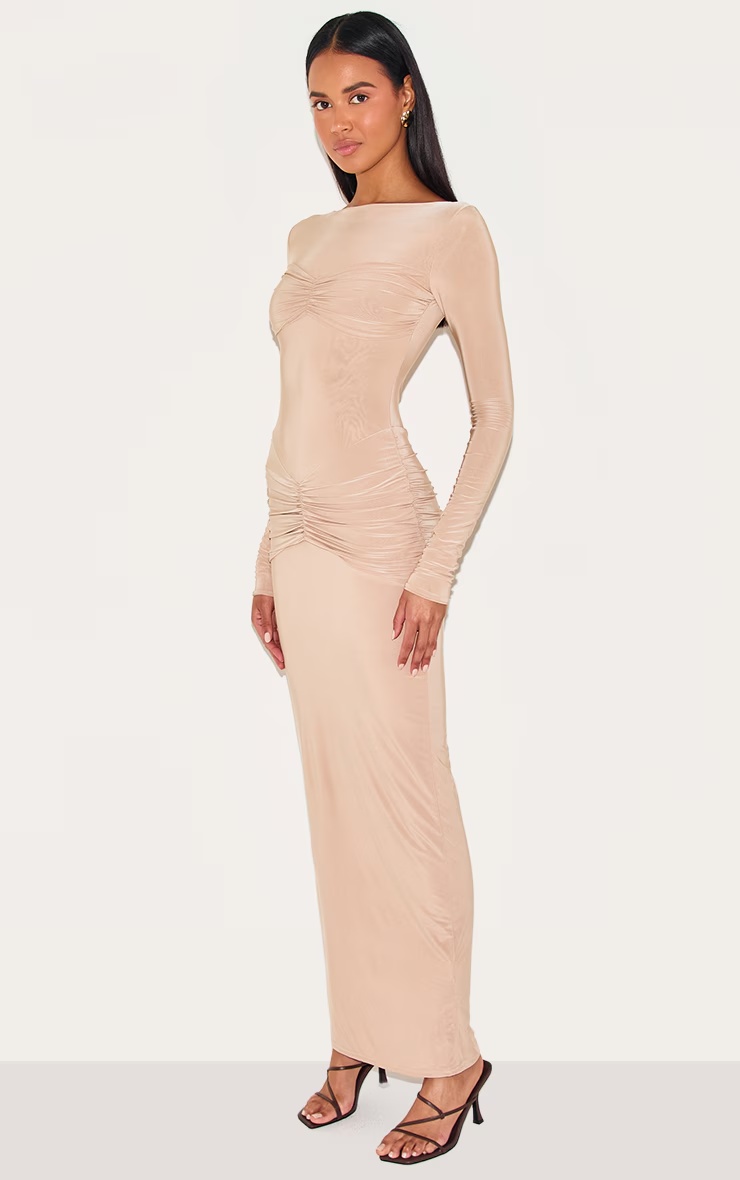 Beige Sinky Ruched Panel Detail Maxi Dress 6 Beige Sinky Ruched Panel Detail Maxi Dress