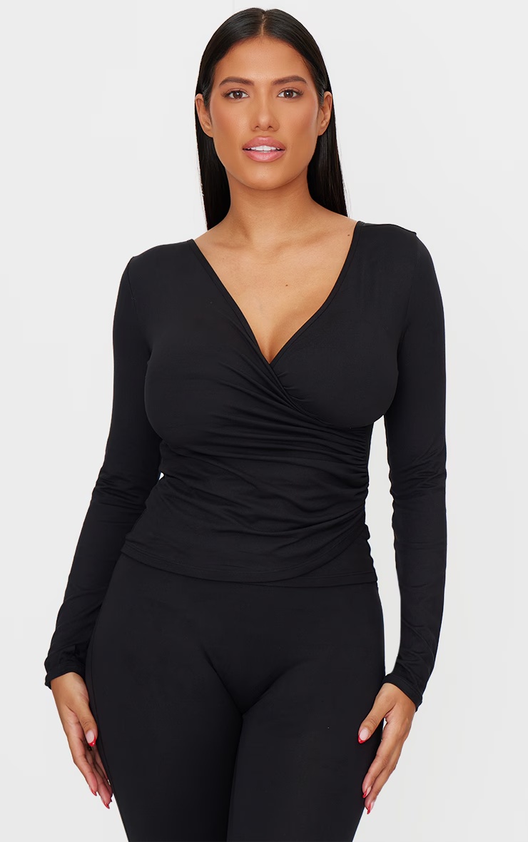 Shape Black Sculpt Long Sleeve Wrap Front Top 4 Shape Black Sculpt Long Sleeve Wrap Front Top