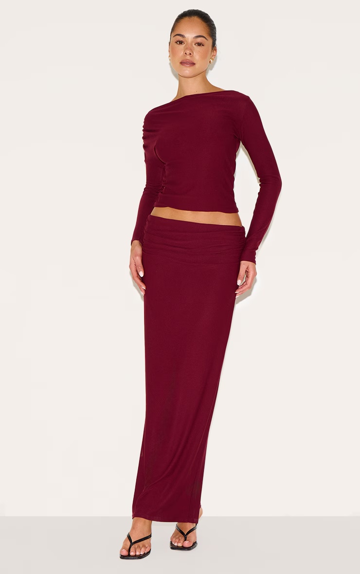 Wine Soft Touch Fold Over Maxi Skirt 4 Wine Soft Touch Fold Over Maxi Skirt