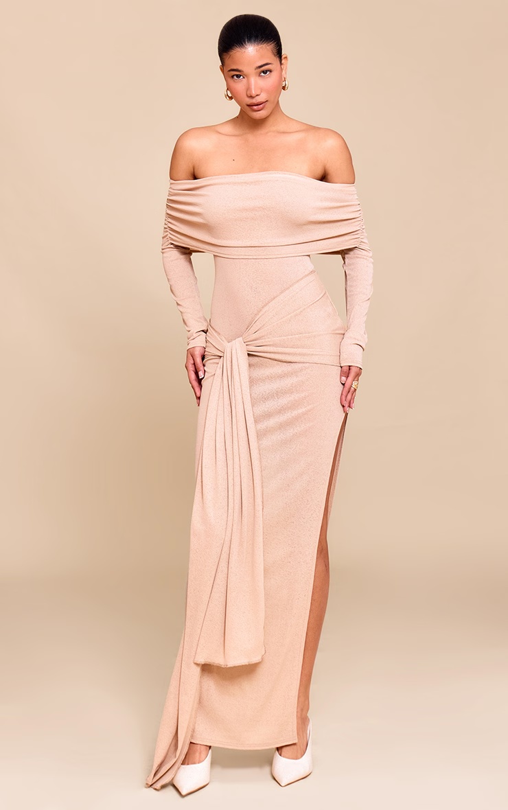 Taupe Onion Skin Bardot Tie Waist Maxi Dress 6 Taupe Onion Skin Bardot Tie Waist Maxi Dress