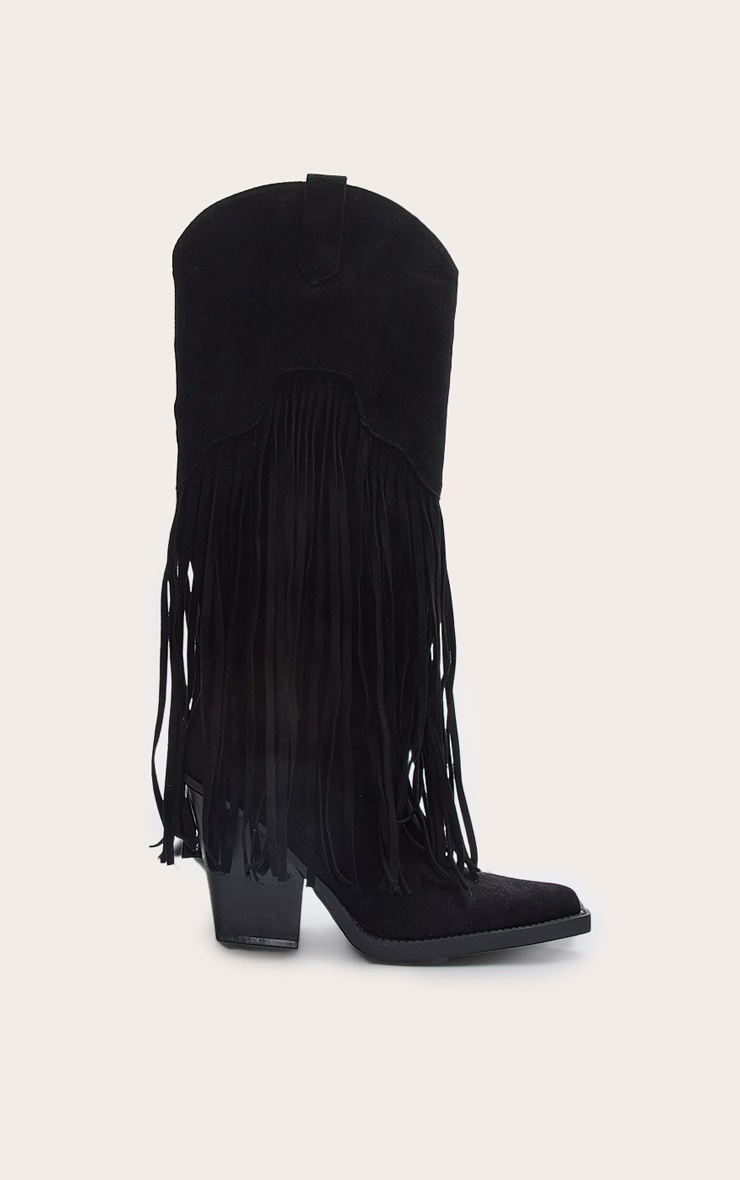 Black Faux Suede Point Toe Fringed Heel Knee High Western Boots 2 Black Faux Suede Point Toe Fringed Heel Knee High Western Boots