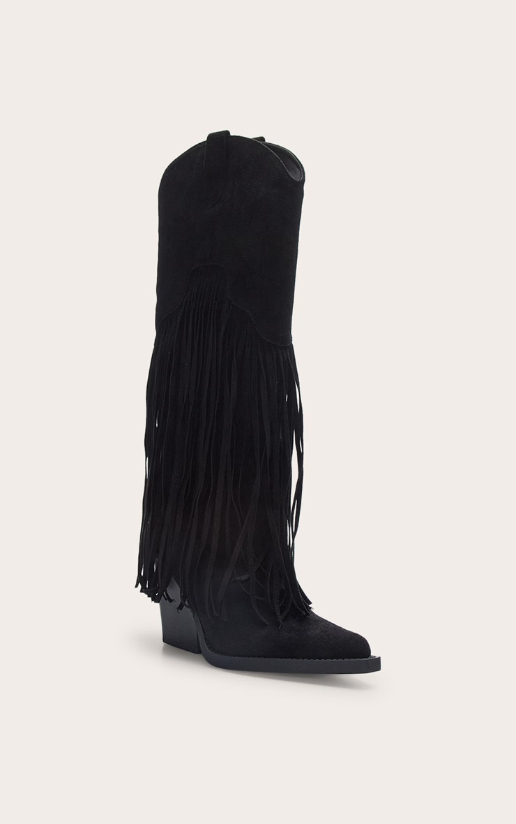 Black Faux Suede Point Toe Fringed Heel Knee High Western Boots 3 Black Faux Suede Point Toe Fringed Heel Knee High Western Boots