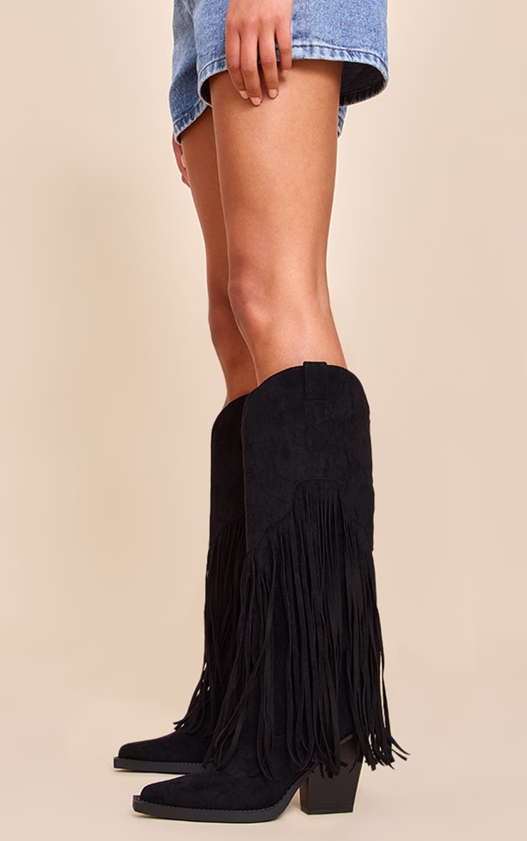 Black Faux Suede Point Toe Fringed Heel Knee High Western Boots 4 Black Faux Suede Point Toe Fringed Heel Knee High Western Boots