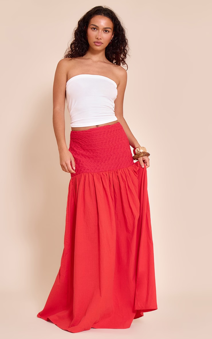 Red Textured Drop Waist Lightweight Woven Maxi Skirt 1 Red Textured Drop Waist Lightweight Woven Maxi Skirt