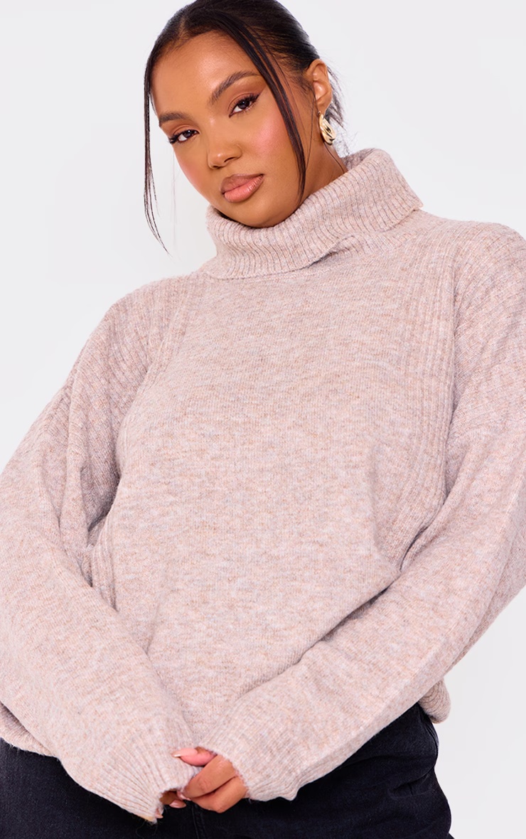Plus Oatmeal Knitted Slouchy Roll Neck Jumper