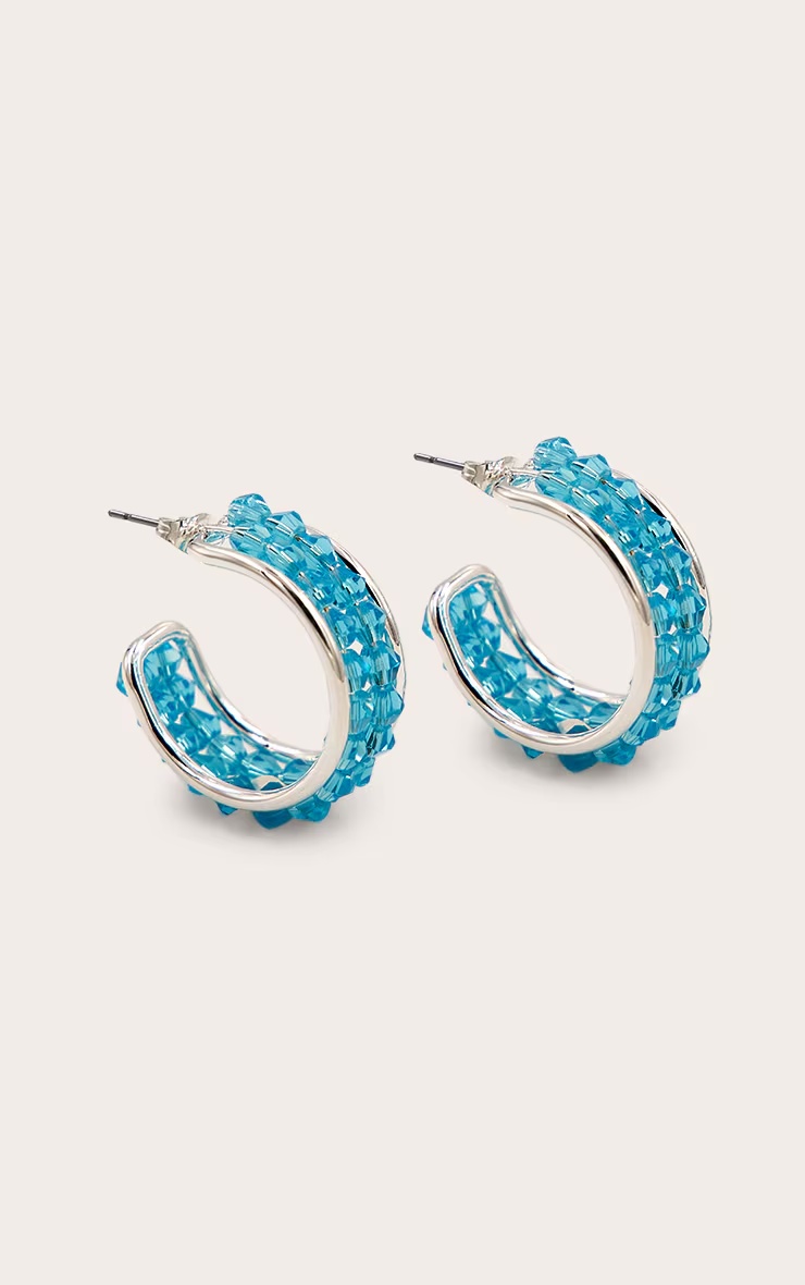 Silver Hoop Earrings with Turquoise Crystal Detail 2 Silver Hoop Earrings with Turquoise Crystal Detail