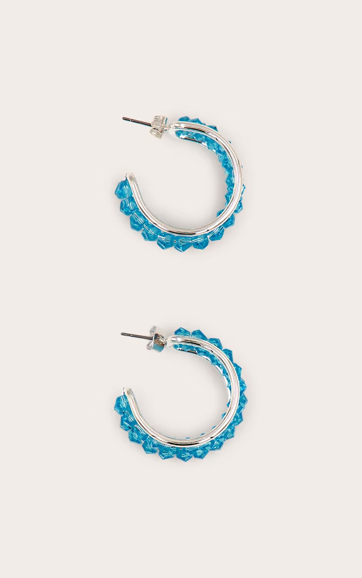 Silver Hoop Earrings with Turquoise Crystal Detail 3 Silver Hoop Earrings with Turquoise Crystal Detail