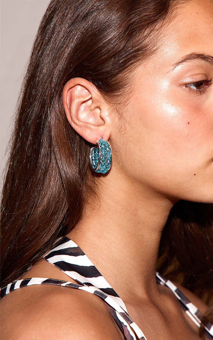 Silver Hoop Earrings with Turquoise Crystal Detail 4 Silver Hoop Earrings with Turquoise Crystal Detail